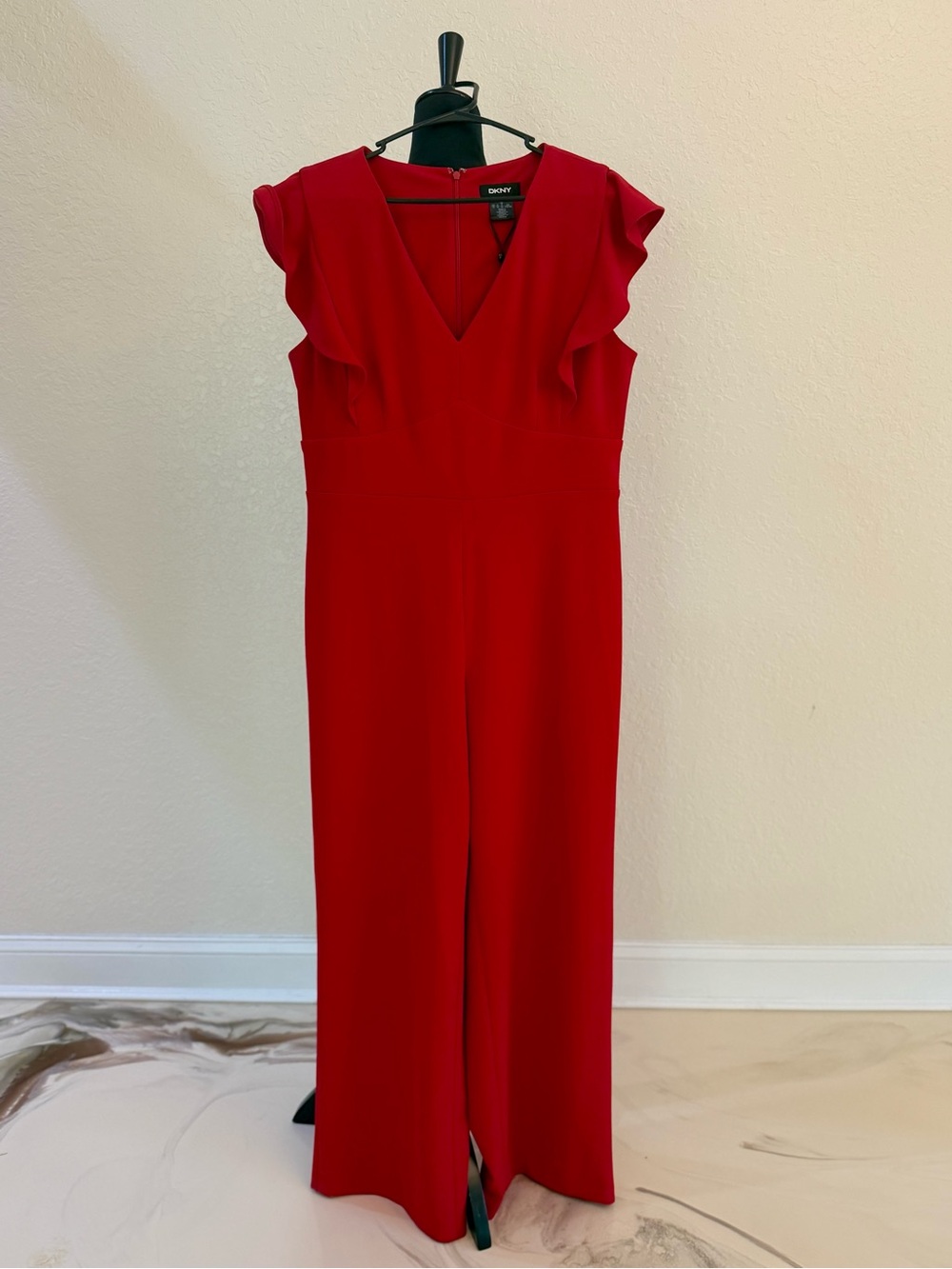 DKNY Red Ruffle-Sleeve V-Neck Jumpsuit